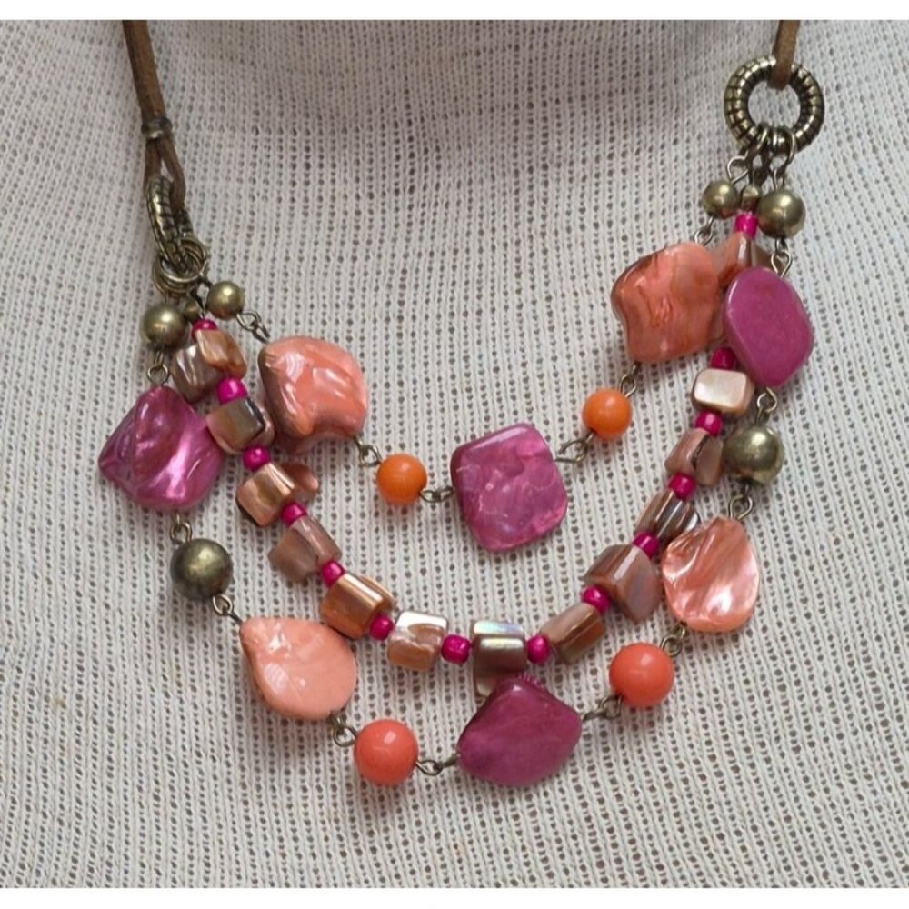 Vintage Mid‑Century Multi‑Strand Beaded Necklace Pink Peach Purple Boho Jewelry. - Picture 4 of 11